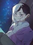  0a_9_(pixiv82791714) 1boy asagiri_gen black_hair blue_eyes closed_mouth coat dr._stone fur_trim jacket long_sleeves looking_at_viewer male_focus multicolored_hair night night_sky purple_coat purple_jacket short_hair sky smile solo split-color_hair star_(sky) starry_sky two-tone_hair upper_body white_hair 