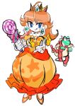  1girl absurdres blue_eyes brown_hair candy colored_skin dress earrings flower_earrings food gloves green_skin halloween halloween_costume highres holding holding_candy holding_food holding_lollipop jewelry lollipop long_hair looking_at_viewer mario_(series) orange_dress orange_shoes princess_daisy princess_daisy_(halloween) rakugaki_shitagari-ya shoes simple_background smile white_background white_gloves yoshi 
