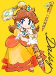  1girl absurdres brown_hair crown dress earrings flower_earrings gloves highres jewelry long_hair mario_(series) orange_background orange_dress orange_shoes pen princess_daisy puffy_short_sleeves puffy_sleeves rakugaki_shitagari-ya shoes short_sleeves simple_background smile white_gloves 