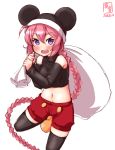  1girl alternate_costume animal_ears artist_logo black_legwear blue_eyes braid breasts cosplay cowboy_shot crop_top dated detached_sleeves disney eyebrows_visible_through_hair hair_between_eyes highres kanon_(kurogane_knights) kantai_collection long_hair looking_at_viewer mickey_mouse mickey_mouse_(cosplay) mickey_mouse_ears mouse_ears mouse_tail navel nenohi_(kantai_collection) open_mouth pink_hair red_shorts sack shorts simple_background single_braid small_breasts solo tail thighhighs turtleneck white_background yellow_footwear 