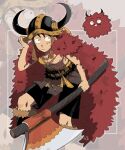  1boy axe belt black_hair black_shorts boots cape closed_mouth commentary cross_scar dekaidaikon fake_horns fur-trimmed_boots fur_cape fur_trim hand_on_headwear helmet highres holding holding_axe horned_helmet horns male_focus monkey_d._luffy official_alternate_costume one_piece pectorals red_cape scar scar_on_cheek scar_on_chest scar_on_face short_hair shorts solo symbol-only_commentary 