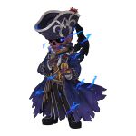  1boy antique_firearm belt bicorne black_boots blue_coat blue_eyes blue_hat boots brown_belt captain_of_ghost_ship chibi chibi_only coat firelock flintlock full_body gun handgun hat holding holding_gun holding_weapon long_sleeves looking_at_viewer male_focus official_art open_clothes open_coat open_mouth pirate ragnarok_online simple_background skeleton skull solo standing transparent_background undead weapon yuichirou 