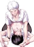  2boys black_hair black_pants boy_on_top collared_shirt grey_eyes hickey hikaru_ga_shinda_natsu indou_hikaru lying male_focus mole mole_on_cheek mole_under_eye mole_under_mouth multiple_boys multiple_moles nipples on_back open_clothes open_shirt pants red_pupils shirt short_eyebrows short_hair short_sleeves siraco_(sira5_3) slit_pupils tsujinaka_yoshiki watch white_hair white_shirt wristwatch yaoi 