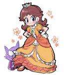  1boy 1girl brown_hair chiyo_(shuten_dj) colored_skin crown dress earrings flower_earrings gloves highres jewelry long_hair looking_at_viewer mario_(series) orange_dress orange_shoes princess_daisy purple_skin shoes simple_background smile super_mario_land tatanga white_background white_gloves 