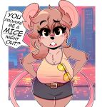 absurd_res anthro belt big_breasts breasts brown_body brown_fur brown_hair buckteeth clothed clothed_anthro clothed_female clothing dialogue english_text eyewear female fully_clothed fully_clothed_anthro fully_clothed_female fur hair hands_on_hips hi_res humor leah_pines_(wireless_shiba) mammal mouse murid murine notched_ear pun rodent shirt solo speech_bubble sunglasses tank_top teeth text topwear wireless_shiba