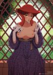  1girl absurdres breasts brown_hair collarbone day dress gloves green_eyes hat highres indoors large_breasts looking_at_viewer medieval mole mole_on_breast mole_under_eye multiple_moles nipples original purple_dress red_hat sitting sphenodaile white_gloves window 