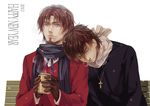 2boys bench blue_eyes brown_hair bubble can closed_eyes coat cross cross_necklace drink facial_hair fate/zero fate_(series) formal gloves goatee hot_drink jewelry kotomine_kirei male_focus multiple_boys necklace new_year realistic scarf sleeping snot suit toosaka_tokiomi yunvshen 
