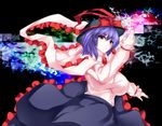  arm_up cube_(circussion) hat hat_ribbon lightning nagae_iku purple_hair red_eyes ribbon shawl shirt short_hair skirt smile solo touhou 