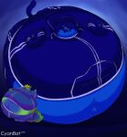 2023 ambiguous_gender anthro artist_name beanie belly belly_expansion belly_inflation blue_body blue_fur blue_scales blueberry_inflation body_inflation clothed clothing cyanbat dated duo expansion exposed_belly fur green_body green_scales hand_on_belly haplorhine hat headgear headwear hi_res hoodie horn hyper hyper_inflation immobile inflation kobold leaning_on_another lying male mammal monkey navel navel_popping on_front open_mouth primate scales scalie size_difference smile spherical_inflation swollen_cheeks tail text thick_tail topwear turning_blue