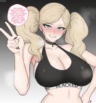  1girl absurdres black_choker black_nails black_sports_bra blacked_(phrase) blonde_hair blue_eyes blush breasts choker cleavage commission commissioner_upload daruko536 earrings english_text gradient_background grey_background highres hoop_earrings jewelry large_breasts large_variant_set long_hair netorare persona persona_5 queen_of_spades_symbol solo spade_(shape) speech_bubble sports_bra takamaki_anne twintails v variant_set 