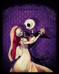  1boy 1girl dancing darkjack618 jack_skellington jacket long_hair long_sleeves patchwork_skin pinstripe_pattern pinstripe_suit sally_(nbc) skeleton smile stitched_face stitches striped_clothes suit the_nightmare_before_christmas 