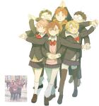  3boys 3girls alien antennae arm_up ayase_momo black_choker black_hair black_jacket black_thighhighs blonde_hair blue_skirt blush bow bowtie brown_eyes brown_hair brown_shoes choker closed_mouth collared_shirt comimingming commentary crossed_bangs dandadan earrings enjoji_jin flying_sweatdrops full_body gakuran glasses glint green_eyes grin hair_behind_ear hair_between_eyes highres holding_hands hood hood_down hoodie jacket jewelry kami_high_school_uniform long_sleeves looking_at_viewer loose_bowtie loose_socks miniskirt multiple_boys multiple_girls notice_lines open_clothes open_jacket open_mouth orange_hoodie outstretched_arms photo-referenced photo_inset pink_hair pink_sweater pleated_skirt puff_of_air red_bow red_bowtie red_hair round_eyewear sakata_kinta school_uniform shiratori_aira_(dandadan) shirt shirt_under_sweater shoes short_hair simple_background skirt smile socks standing star_(symbol) sweat sweater symbol-only_commentary takakura_ken_(dandadan) thighhighs vamola_(dandadan) white_background white_shirt white_socks zettai_ryouiki 