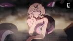  1girl absurdres arm_rest bare_arms bare_shoulders blonde_hair blurry blurry_background breasts closed_mouth collarbone copyright_logo copyright_name highres in_water large_breasts logo looking_at_viewer mole mole_under_mouth monster_girl nude official_art onsen purple_eyes scylla shadow short_hair smile solo steam suction_cups tentacle_girl tentacle_tail tentacles wet wet_hair yidhari_murphy zenless_zone_zero 