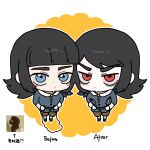  2boys abaddon_(haunted_hotel) bags_under_eyes black_hair blue_coat blue_eyes chibi chinese_commentary coat commentary_request dual_wielding haunted_hotel highres holding holding_jump_rope holding_knife jump_rope knife long_hair looking_at_viewer male_focus multiple_boys noecho priest&#039;s_son_(haunted_hotel) red_eyes reference_inset yellow_background 