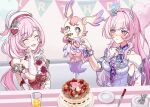  2girls balloon bare_shoulders beret birthday_cake blue_eyes breasts cake commentary_request company_connection cup cyrene_(honkai:_star_rail) decorations diamond-shaped_pupils diamond_(shape) dress elf elysia_(honkai_impact) flower food food_in_mouth fork hair_flower hair_ornament hat heart_balloon holding holding_cup honkai:_star_rail honkai_(series) honkai_impact_3rd inoue_marina large_breasts long_hair mem_(honkai:_star_rail) multicolored_hair multiple_girls pink_hair plate pointy_ears purple_eyes red_dress smile symbol-shaped_pupils tayu89a two-tone_hair very_long_hair voice_actor_connection white_dress white_hair yanning 