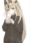  1girl arknights blonde_hair blue_eyes brown_horns brown_sweater closed_mouth drink expressionless highres holding holding_drink horns light_blush long_hair looking_at_viewer reed_(arknights) simple_background sketch sleeves_past_wrists solo steam sweater udo_(akn_otk) upper_body white_background 