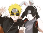  2boys \m/ black_eyes black_hair blonde_hair facial_mark forehead_protector glasses gloves hashtag-only_commentary highres lollipop_in_mouth looking_at_another male_focus mtk066621 multiple_boys naruto_(series) naruto_shippuuden sai_(naruto) short_hair upper_body uzumaki_naruto whisker_markings yellow-framed_eyewear zipper zipper_pull_tab 