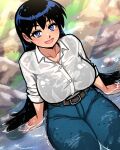  1girl akairiot arato_nagi black_bra black_hair blue_eyes blue_pants blush bra breasts cleavage collarbone denim earrings highres jeans jewelry large_breasts long_hair looking_at_viewer open_mouth pants partially_submerged ruri_no_houseki see-through_clothes see-through_shirt shirt sitting sleeves_rolled_up smile solo underwear wet wet_clothes wet_shirt white_shirt 
