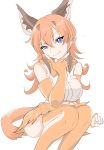  1girl animal_ears bare_shoulders belt blue_eyes bow bowtie brown_hair caracal_(kemono_friends) cat_ears cat_girl cat_tail elbow_gloves frilled_skirt frills gloves hair_between_eyes high-waist_skirt highres kamisamanosaba kemono_friends long_hair looking_at_viewer orange_bow orange_bowtie orange_gloves orange_hair orange_skirt orange_thighhighs shirt sidelocks sitting skirt sleeveless smile solo tail thighhighs two-tone_gloves two-tone_thighhighs white_belt white_gloves white_shirt white_thighhighs zettai_ryouiki 
