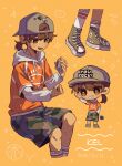  1boy 2025 :d absurdres alternate_eye_color asymmetrical_legwear backwards_hat baseball_cap basketball bright_pupils brown_hair camouflage camouflage_shorts character_name chibi chibi_inset clenched_hand clothes_writing commentary cropped_legs dark-skinned_male dark_skin dated double-parted_bangs double_horizontal_stripe drawstring english_commentary english_text fingernails flying_sweatdrops green_shorts grey_hat grey_hoodie grin hair_between_eyes hand_in_pocket hands_up hat hector_(omori) highres holding holding_toy hood hood_down hoodie jash_(omori) kel_(birthday)_(omori) kel_(faraway)_(omori) kel_(omori) kneehighs komekopan_720 layered_sleeves leg_hair long_sleeves looking_at_object looking_at_viewer low_ponytail lower_teeth_only male_focus multiple_views official_alternate_costume official_alternate_hairstyle omori open_mouth orange_background orange_eyes orange_shirt ponytail puffy_long_sleeves puffy_sleeves shirt short_hair short_over_long_sleeves short_ponytail short_sleeves shorts simple_background sitting smile socks sparkle standing teeth toy twitter_username uneven_legwear v-shaped_eyebrows white_pupils white_socks 