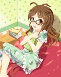  :d akizuki_ritsuko antenna_hair blush book brown_eyes brown_hair floral_print glasses hair_down idolmaster idolmaster_(classic) long_hair object_hug open_mouth oyuno_hirosuke pajamas smile solo 