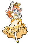  1girl absurdres arm_up blue_eyes brown_hair crown dress earrings fire_daisy gloves highres jewelry long_hair mario_(series) open_mouth orange_dress orange_shoes princess_daisy rakugaki_shitagari-ya shoes simple_background smile white_background white_gloves 