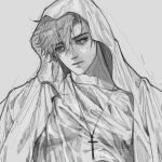  1boy aegyo_sal cloak cross cross_necklace greyscale hair_between_eyes head_tilt highres hood hood_up jewelry male_focus meltoring monochrome necklace original pectorals short_hair sidelighting solo sparkling_eyes toned toned_male upper_body 