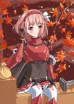  1girl absurdres armor autumn_leaves black_bodysuit blush bodysuit breasts cape closed_mouth covered_navel fire_emblem fire_emblem_engage gloves hairband highres lapis_(fire_emblem) leaf looking_at_viewer pantyhose pink_eyes pink_hair red_armor red_eyes red_hairband red_skirt ribbon short_hair sitting skirt smile solo tokuh_(toku_h_) two-tone_hairband white_pantyhose white_ribbon 