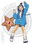  1girl :d absurdres black_eyes black_hair blue_jacket choker choppy_bangs cube_hair_ornament ear_piercing floating_clothes gerokizoku hair_bobbles hair_ornament highres jacket leg_warmers lida_(pokemon) long_hair looking_at_viewer orange_pantyhose oversized_jacket pantyhose piercing pokemon pokemon_(creature) pokemon_legends:_z-a shoes sleeves_past_wrists smile sneakers solo staryu two-tone_pantyhose w white_choker white_leg_warmers white_pantyhose 
