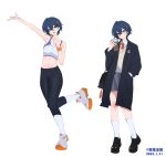  1girl alternate_costume bag bare_shoulders belle_(zenless_zone_zero) black_pants black_shoes blue_eyes blue_hair blue_skirt breasts closed_mouth commentary_request crossed_bangs dated drink earrings full_body guhuabingwu hair_between_eyes hair_ornament hand_in_pocket head_tilt highres holding holding_drink jewelry leg_up letter_hair_ornament looking_at_viewer medium_breasts midriff multiple_views navel necktie open_mouth outstretched_arm pants red_necktie school_bag school_uniform shirt shoes short_hair simple_background skirt smile sneakers socks sports_bra sportswear twitter_username white_background white_shirt white_shoes white_socks white_sports_bra wristband zenless_zone_zero 