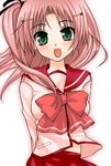  :d arms_behind_back asahana_jun bad_id bad_pixiv_id blush bow breasts green_eyes hair_ornament hairclip long_hair looking_at_viewer lowres maaryan open_mouth pink_hair ribbon school_uniform simple_background small_breasts smile solo to_heart_2 white_background 