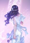  1girl absurdres bracelet cowboy_shot dress facing_away flower from_behind hair_ornament highres holding holding_flower jewelry long_dress long_hair lydialing_draws original pink_background purple_flower purple_hair purple_rose rose silver_bracelet solo white_dress 