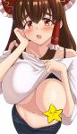  1girl black_bra black_pants blush bow bra breasts brown_hair censored clothes_lift cookie_(touhou) cowboy_shot frilled_bow frilled_hair_tubes frills hair_bow hair_tubes hakurei_reimu highres kanna_(cookie) large_breasts lifting_own_clothes long_hair looking_at_viewer navel off-shoulder_shirt off_shoulder one_breast_out open_mouth pants pyukasshori red_bow red_eyes shirt shirt_lift short_sleeves sidelocks simple_background solo star_(symbol) star_censor touhou underwear white_background white_shirt 