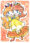 absurdres brown_hair carrying crown dress dual_persona earrings floral_background flower_earrings gloves high_heels highres jewelry long_hair mario_(series) one_eye_closed open_mouth orange_shoes princess_carry princess_daisy rakugaki_shitagari-ya shoes smile white_gloves yellow_dress 