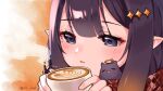  1girl absurdres blue_eyes blush center-flap_bangs coffee_mug cup diamond_hair_ornament double-parted_bangs english_commentary highres holding holding_cup hololive hololive_english latte_art mole mole_under_eye mug ninomae_ina&#039;nis open_mouth pointy_ears portrait purple_hair red_scarf rie_ccat scarf solo takodachi_(ninomae_ina&#039;nis) twitter_username virtual_youtuber 
