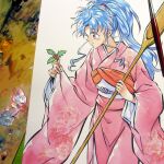  1girl agahari art_brush art_tools_in_frame blue_hair botan_(yu_yu_hakusho) closed_mouth commentary_request cowboy_shot floral_print floral_print_kimono high_ponytail holding holding_oar holding_plant holly japanese_clothes kimono long_hair long_sleeves looking_at_object oar obi paintbrush painting_(medium) photo_(medium) pink_kimono plant ponytail print_kimono purple_eyes sash sidelocks sleeves_past_wrists smile solo standing traditional_media white_sash wide_sleeves yu_yu_hakusho 