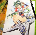  1girl agahari arm_guards arm_up art_brush art_tools_in_frame azumaya_koyuki bandaged_ankle bandages black_kimono black_socks blue_eyes bow commentary_request creature dororo_(keroro_gunsou) fishnet_top fishnets full_body green_eyes green_hair hair_bow hat huge_weapon japanese_clothes keroro_gunsou kimono long_hair looking_at_viewer low_ponytail mask mouth_mask ninja on_weapon open_mouth paintbrush painting_(medium) panties panty_straps photo_(medium) ponytail red_bow red_sash salute sandals sash short_kimono shuriken side_slit sitting smile socks tabi thighs traditional_media two-finger_salute underwear very_long_hair weapon white_panties 