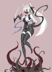  1girl ahoge arm_blade black_bodysuit bodysuit breasts cropped_jacket full_body high_heels hk33 jacket large_breasts living_clothes long_hair mask mouth_mask original pink_background ponytail red_eyes skin_tight symbiote tentacles very_long_hair weapon white_hair white_jacket 