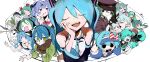  6+girls :p absurdres aimaina alien_alien_(vocaloid) andromedako animal_ears aqua_eyes aqua_gloves aqua_hair aqua_nails aqua_necktie beret black_dress black_eyes black_gloves black_hat black_ribbon black_sclera black_shirt blue_dress blue_hair blue_hat blush bow brown_gloves card chibi claw_pose closed_eyes closed_mouth colored_sclera crown detached_sleeves dress drooling earrings eyewear_on_head facial_mark fake_animal_ears finger_to_mouth fisheye floating_hair flower_pot food gloves green_jacket grey_hair grin hachune_miku hair_ornament hair_over_eyes hair_ribbon hajimete_no_koi_ga_owaru_toki_(vocaloid) hand_on_own_cheek hand_on_own_face hands_on_own_cheeks hands_on_own_face hat hatsune_miku headphones hello_planet_(vocaloid) highres holding holding_card holding_flower_pot holding_megaphone ievan_polkka_(vocaloid) jacket jewelry koi_wa_sensou_(vocaloid) long_hair long_sleeves looking_at_viewer matryoshka_(vocaloid) megaphone mesmerizer_(vocaloid) miku_day mimukauwa_nice_try_(vocaloid) mini_crown mouth_drool multicolored_eyes multiple_girls neck_ribbon necktie no_pupils o_o one_eye_closed open_mouth outstretched_arms peaked_cap pink_bow pink_eyes pink_nails pink_pupils pink_ribbon pinosan pixel_art plant pointing potted_plant puffy_short_sleeves puffy_sleeves purple_hat purple_jacket rabbit_ears rabbit_hole_(vocaloid) red_eyes red_jacket red_ribbon ren&#039;ai_saiban_(vocaloid) ribbon ringed_eyes rubbing_eyes senbonzakura_(vocaloid) sharp_teeth shinkai_shoujo_(vocaloid) shirt short_sleeves slow_motion_(vocaloid) smile songover spaghetti_strap spring_onion striped_bow striped_clothes striped_dress striped_hat suna_no_wakusei_(vocaloid) swirl teeth tongue tongue_out twintails very_long_hair visor_cap vocaloid waitress white_shirt world_is_mine_(vocaloid) wrist_cuffs x_hair_ornament 