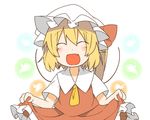  ascot bad_id bad_pixiv_id blonde_hair closed_eyes dress eiri_(eirri) fang flandre_scarlet hat open_mouth short_hair side_ponytail skirt skirt_lift solo touhou upper_body wings 
