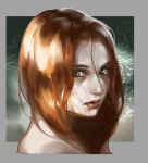  1girl art_study border brown_hair closed_mouth cropped_head green_background grey_border grey_eyes hair_between_eyes highres lips long_hair looking_at_viewer lydialing_draws nose original parted_hair realistic solo 