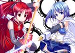  bare_shoulders black_legwear blue_eyes blue_hair boots cape detached_sleeves frown gloves glowing hair_ribbon long_hair mad_(hazukiken) magical_girl mahou_shoujo_madoka_magica miki_sayaka multiple_girls pleated_skirt polearm ponytail red_eyes red_hair ribbon sakura_kyouko short_hair skirt spear sword thigh_boots thighhighs weapon zettai_ryouiki 