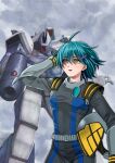  1girl aqua_hair battroid cloud cloudy_sky commentary_request energy_cannon gunpod hair_ornament hairclip hand_in_own_hair helmet highres holding holding_unworn_helmet macross mecha mecha_pilot_suit meltlan2021 one-eyed original robot science_fiction sky u.n._spacy unworn_headwear unworn_helmet vf-1 vf-1a yellow_eyes 