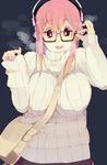  adjusting_eyewear bag black-framed_eyewear breasts breath eightman glasses handbag headphones large_breasts long_hair messenger_bag nail_polish nitroplus open_mouth pink_eyes pink_hair ribbed_sweater shoulder_bag simple_background solo super_sonico sweater teeth turtleneck 