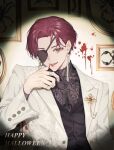  1boy alternate_costume blood earrings eyepatch fangs formal_clothes happy_halloween hashtag-only_commentary highres jacket jewelry lapels long_sleeves looking_at_viewer male_focus picture_frame red_hair ring short_hair smile solo soru_2023 spotlight suit_jacket suo_hayato tassel tassel_earrings tongue tongue_out wind_breaker_(nii_satoru) 
