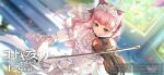  1girl anya_alstreim bow_(music) code_geass code_geass:_lost_stories commentary_request dress highres holding holding_bow_(music) holding_instrument holding_violin instrument long_hair music official_art pink_hair pink_ribbon playing_instrument red_eyes ribbon solo thighhighs violin white_dress 