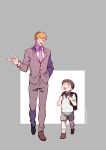  2boys absurdres backpack bag black_eyes black_hair black_shoes blonde_hair child closed_eyes collared_shirt commentary english_commentary formal_clothes full_body grey_background grey_jacket grey_pants grey_shorts grey_suit hand_up highres jacket kageyama_shigeo long_sleeves looking_at_another lydialing_draws male_focus mob_psycho_100 multiple_boys necktie open_mouth pants pink_necktie reigen_arataka shirt shoes short_hair shorts smile suit walking white_shirt 