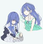  2girls bags_under_eyes black_dress black_sleeves blue_bow blue_bowtie blunt_bangs bow bowtie closed_mouth color_connection commentary company_connection creator_connection crossover dress expressionless eye_color_connection frederica_bernkastel furude_rika gothic_lolita green_dress grey_background hair_between_eyes hair_color_connection hairstyle_connection hashtag-only_commentary highres higurashi_no_naku_koro_ni hime_cut holding in-franchise_crossover kakera lolita_fashion long_hair long_sleeves looking_at_object messy_hair multiple_girls open_mouth parted_lips partially_shaded_face puffy_sleeves purple_eyes purple_hair single_off_shoulder sleeveless sleeveless_dress spaghetti_strap strap_slip sundress sweater_701 umineko_no_naku_koro_ni white_sleeves 