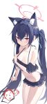 1girl absurdres animal_ear_fluff animal_ears bare_shoulders bikini black_bikini black_hair blue_archive blue_ribbon blush breasts cat_ears cat_girl cleavage clenched_hand collarbone commentary covering_breasts covering_privates cowboy_shot crossed_bangs doodle_sensei_(blue_archive) extra_ears frilled_bikini frills hair_between_eyes hair_intakes hair_ribbon halo halterneck hand_up highres leaning_forward long_hair medium_breasts nammmmer navel off-shoulder_bikini off_shoulder official_alternate_costume open_mouth pink_halo pink_pupils pov red_eyes ribbon sensei_(blue_archive) serika_(blue_archive) serika_(swimsuit)_(blue_archive) shy sidelocks simple_background slit_pupils solo spoken_character stomach straight_hair swimsuit thigh_gap thighs thumbs_up tsurime twintails very_long_hair wet white_background 