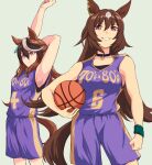  2girls absurdres animal_ears arm_up armpits ball basketball basketball_(object) basketball_jersey basketball_uniform breasts brown_hair closed_mouth ear_ornament earrings hair_between_eyes highres holding horse_ears horse_girl horse_tail jewelry large_breasts long_hair looking_at_viewer multicolored_hair multiple_girls open_mouth pendant_choker purple_eyes purple_shorts red_eyes shorts simple_background single_earring sirius_symboli_(umamusume) smile sportswear streaked_hair stretching symboli_rudolf_(umamusume) tail umamusume very_long_hair white_hair windg0 wristband 